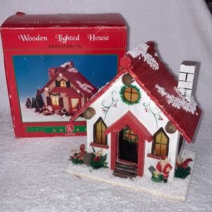 Vintage handicrafts wooden lighted house Christmas village